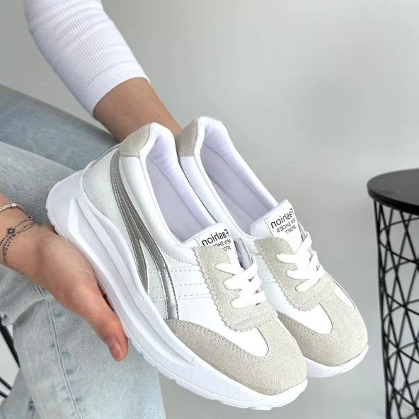 Pabucmarketi Beyaz Suni Deri Gri Detaylı Kadın Spor Ayakkabı - Resim 4