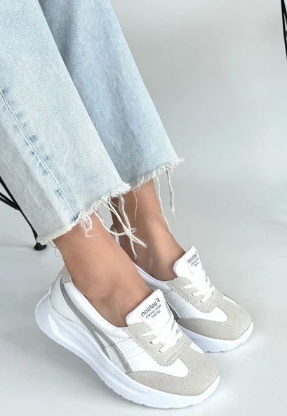 Pabucmarketi Beyaz Suni Deri Gri Detaylı Kadın Spor Ayakkabı - Resim 3