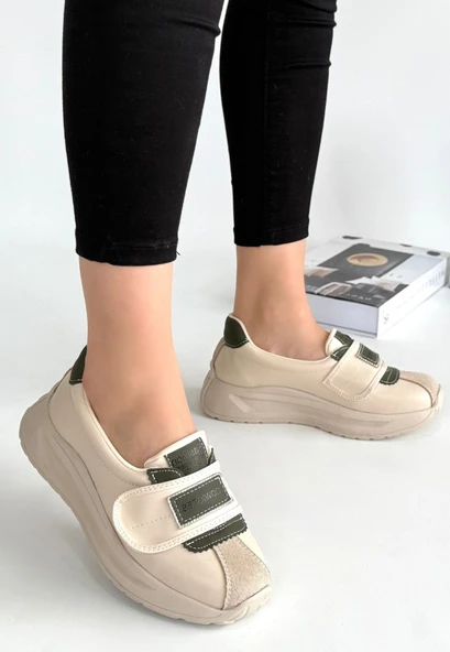 Pabucmarketi Bej Suni Deri Yeşil Detaylı Kadın Spor Ayakkabı - Resim 2