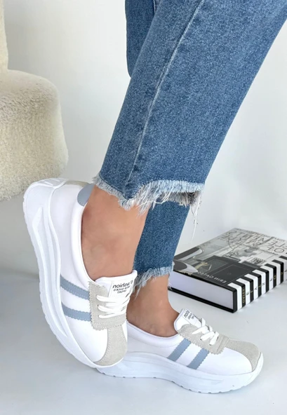 Pabucmarketi Beyaz Suni Deri Mavi Şeritli Kadın Spor Ayakkabı - Resim 2