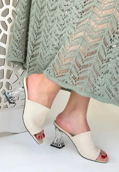 Pabucmarketi Kadın Ten Bej Triko Topuklu Terlik - 2