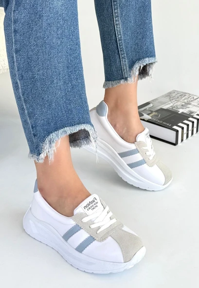 Pabucmarketi Beyaz Suni Deri Mavi Şeritli Kadın Spor Ayakkabı - Resim 3