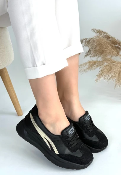 Pabucmarketi Siyah Suni Deri Gold Detaylı Kadın Spor Ayakkabı - Resim 3