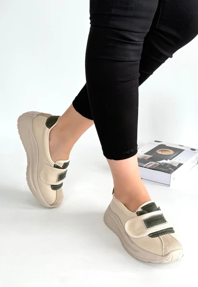 Pabucmarketi Bej Suni Deri Yeşil Detaylı Kadın Spor Ayakkabı - Resim 3