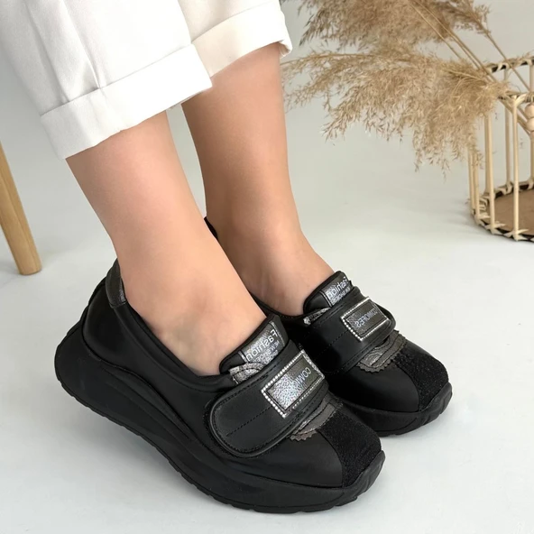 Pabucmarketi Siyah Suni Deri  Kadın Spor Ayakkabı - Resim 4