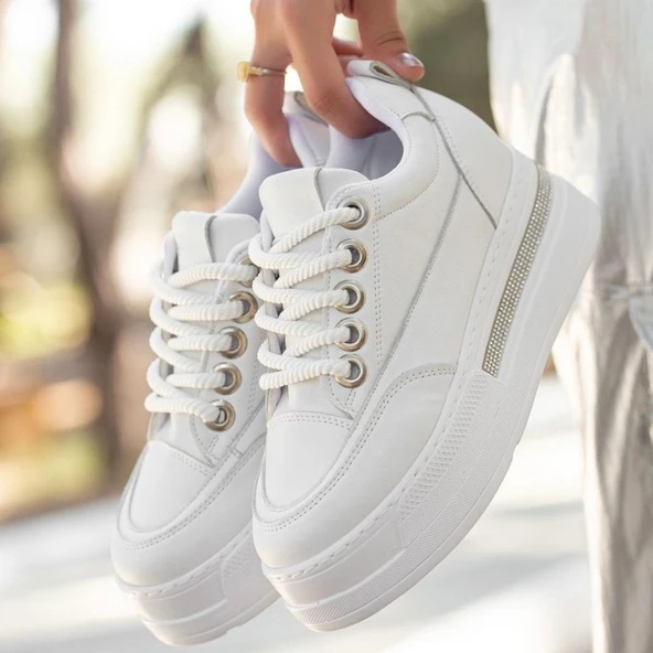 Pabucmarketi Beyaz Suni Deri Bağcıklı Kadın Sneaker Ayakkabı - 4