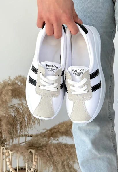 Pabucmarketi Beyaz Suni Deri Siyah Şeritli Kadın Spor Ayakkabı - Resim 2