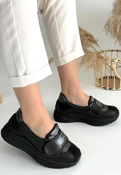 Pabucmarketi Siyah Suni Deri  Kadın Spor Ayakkabı - Resim 3