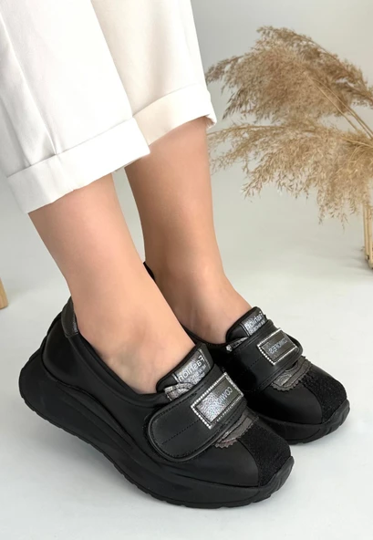 Pabucmarketi Siyah Suni Deri  Kadın Spor Ayakkabı - Resim 2