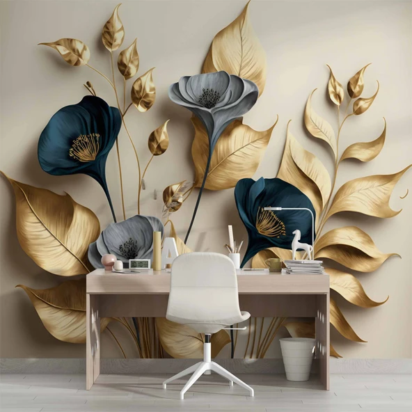 3D Vintage Soft Lacivert Çicek Duvar Kağıdı Baskı - Resim 4