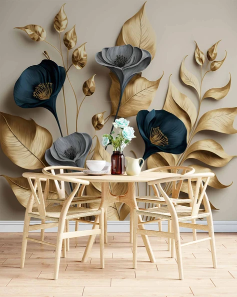 3D Vintage Soft Lacivert Çicek Duvar Kağıdı Baskı - Resim 5