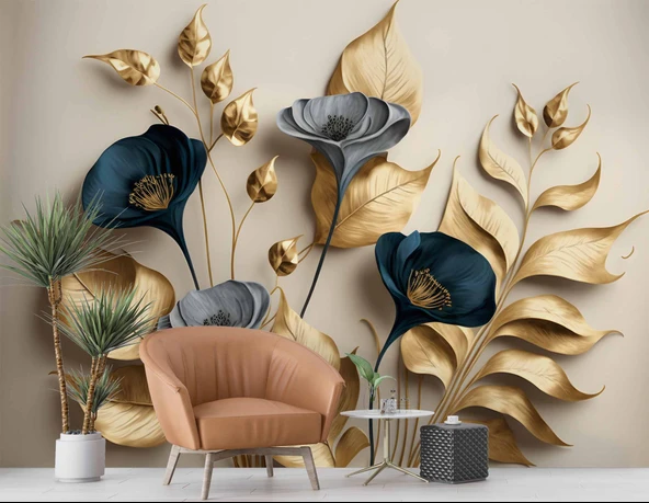 3D Vintage Soft Lacivert Çicek Duvar Kağıdı Baskı - Resim 6