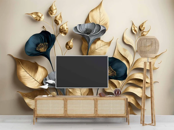 3D Vintage Soft Lacivert Çicek Duvar Kağıdı Baskı - Resim 3