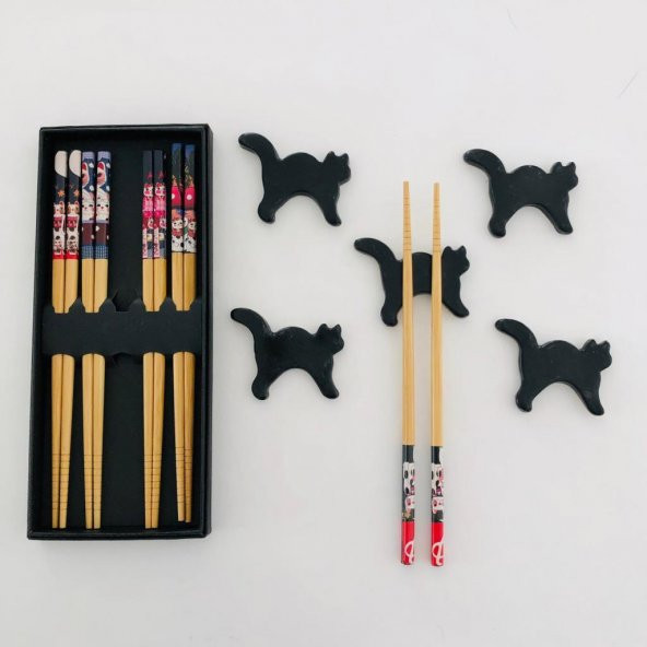 Chopsticks Ve Dayanakları - Ahşap, Beş Çift Maneki Neko, Japonların Uğurlu Kedisi - Japon Kalitesi HD413