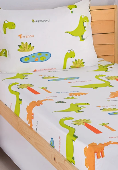 Upstyle Pes Lastikli Çarşaf Seti Tek Kişilik Dinolar Beyaz - Resim 3