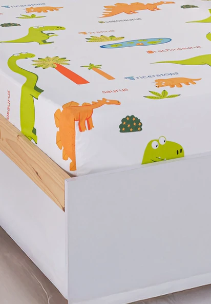 Upstyle Pes Lastikli Çarşaf Seti Tek Kişilik Dinolar Beyaz - Resim 2