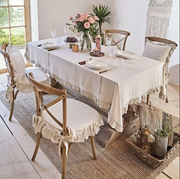 4 Adet İskandinav Stil Naturel Buldan Keten Fırfırlı Bağcıklı Sandalye Minderi - 4