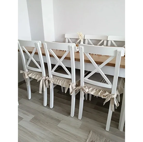 4 Adet İskandinav Stil Naturel Buldan Keten Fırfırlı Bağcıklı Sandalye Minderi - 2