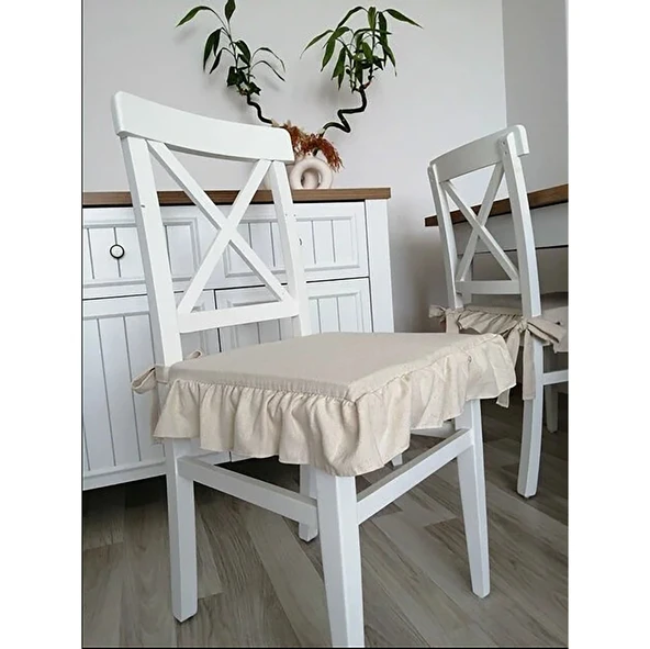 4 Adet İskandinav Stil Naturel Buldan Keten Fırfırlı Bağcıklı Sandalye Minderi - 3