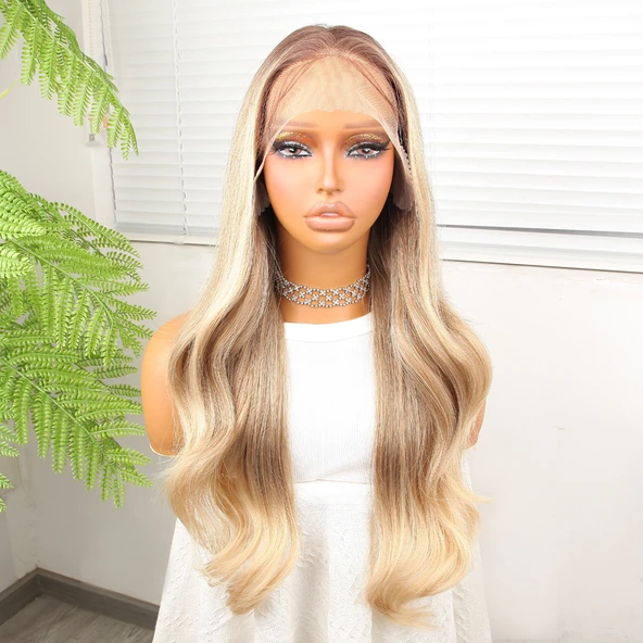 Kumral Platin Ombreli Fiber Sentetik Hafif Dalgalı Tül Peruk ürün görseli 1