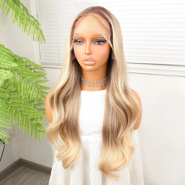 Kumral Platin Ombreli Fiber Sentetik Hafif Dalgalı Tül Peruk - Resim 3