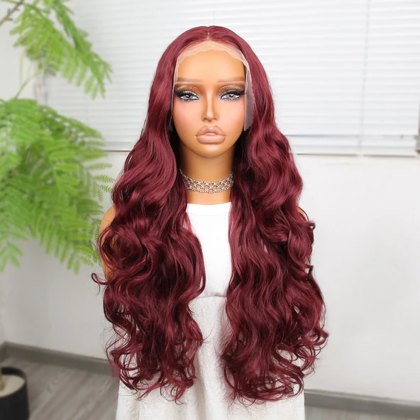 Gür Yoğun Su Dalgalı Koyu Kızıl Fiber Sentetik Uzun Tül Peruk ürün görseli 1
