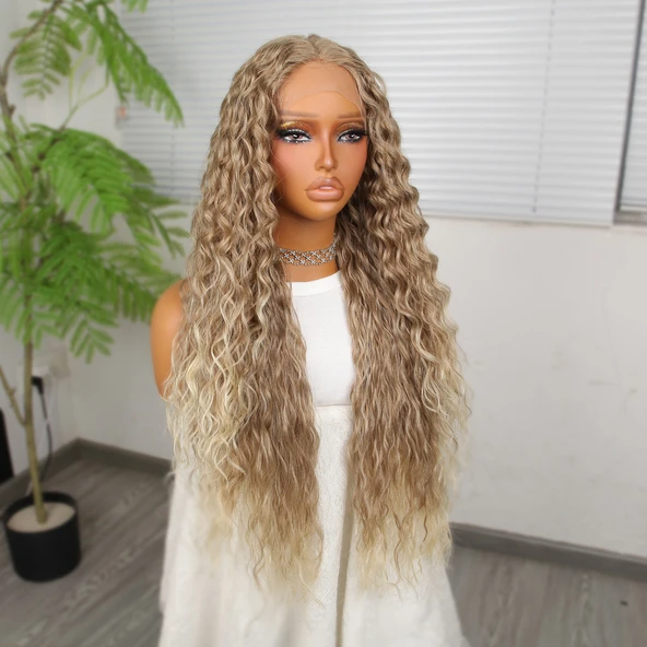 Yoğun Dalga Kumral Platin Röfleli Fiber Sentetik Geniş T Tül Peruk - Resim 4