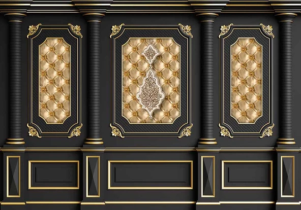3D Siyah Sütun Altın Panel Duvar Kağıdı Baskı - 7