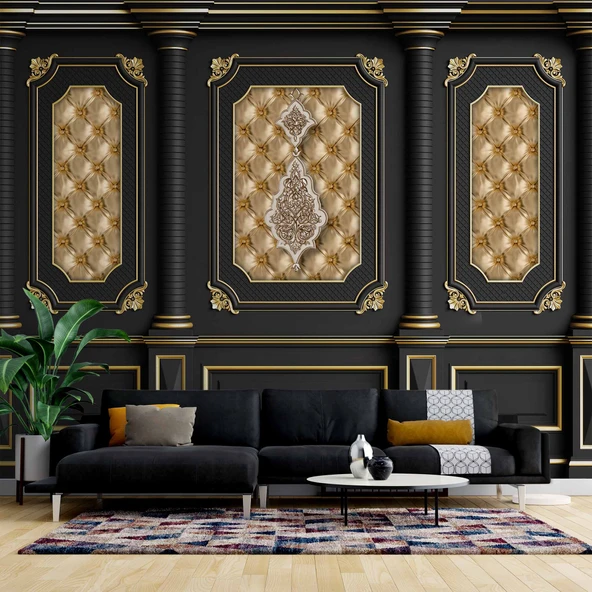 3D Siyah Sütun Altın Panel Duvar Kağıdı Baskı