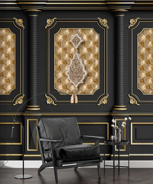 3D Siyah Sütun Altın Panel Duvar Kağıdı Baskı - 6