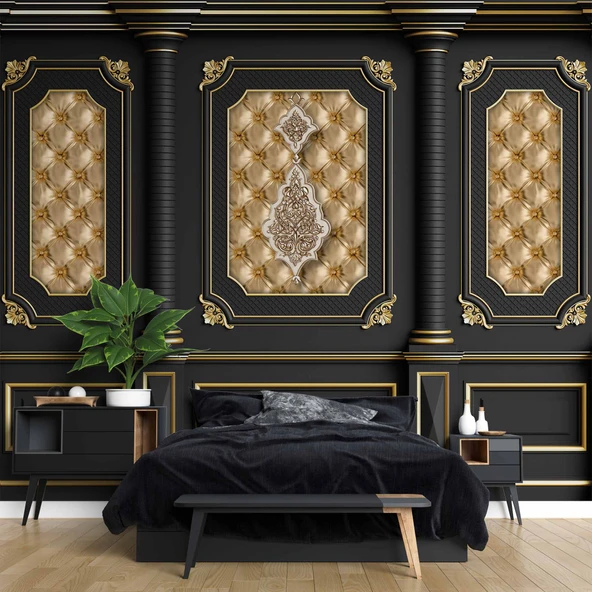 3D Siyah Sütun Altın Panel Duvar Kağıdı Baskı - 2