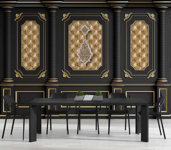 3D Siyah Sütun Altın Panel Duvar Kağıdı Baskı - 5