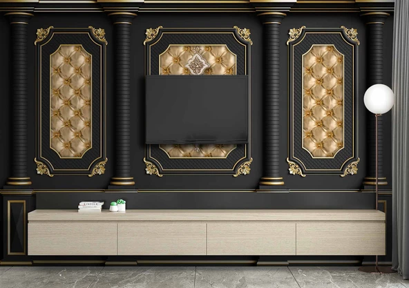 3D Siyah Sütun Altın Panel Duvar Kağıdı Baskı - 3