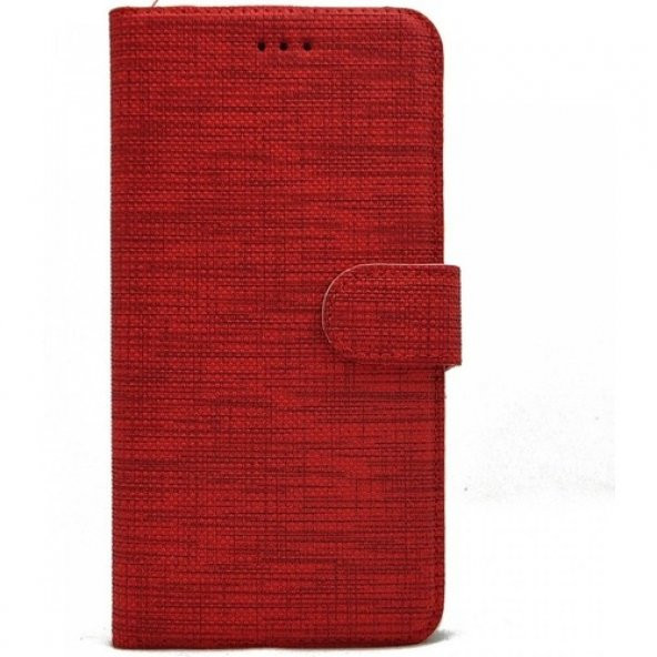 KNY Samsung Galaxy J7 Pro J730 Kılıf Kumaş Desenli Cüzdanlı Standlı Kapaklı Kılıf Kırmızı