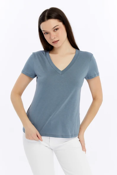 Kadın T-shirt V Yaka Kısa Kollu - 5