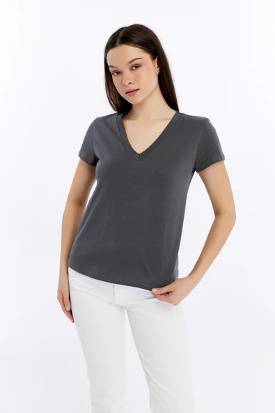 Kadın T-shirt V Yaka Kısa Kollu - 9