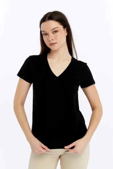 Kadın T-shirt V Yaka Kısa Kollu
