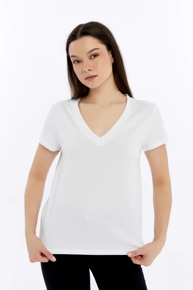 Kadın T-shirt V Yaka Kısa Kollu - 11