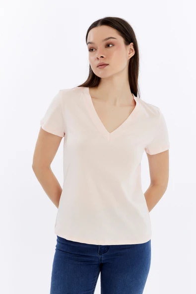 Kadın T-shirt V Yaka Kısa Kollu - 3
