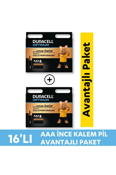Duracell Optimum AAA Alkalin İnce Kalem Pil 1,5V LR03 MN2400 16'lı Paket