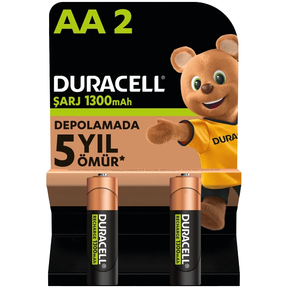 Duracell Şarj Edilebilir AA Kalem Pil 2'li Paket 1300 mAh NiMH, 2000 Şarj Döngüsü ürün görseli