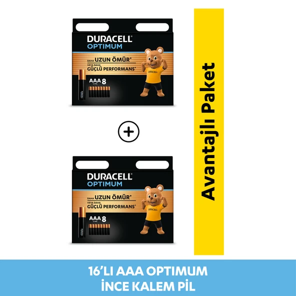 Duracell Optimum AAA Alkalin İnce Kalem Pil 1,5V LR03 MN2400 16'lı Paket ürün görseli