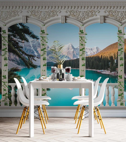 Sarmaşık Sütun, Göl ve Dağ Manzara Duvar Kağıdı Baskı - 5