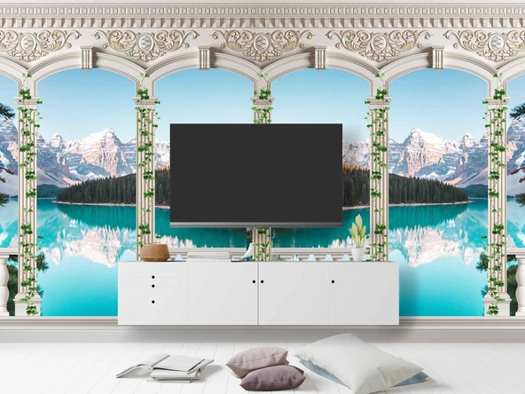 Sarmaşık Sütun, Göl ve Dağ Manzara Duvar Kağıdı Baskı - 3