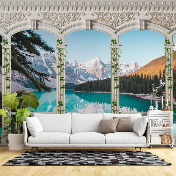 Sarmaşık Sütun, Göl ve Dağ Manzara Duvar Kağıdı Baskı