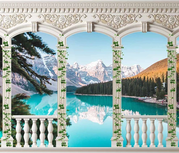 Sarmaşık Sütun, Göl ve Dağ Manzara Duvar Kağıdı Baskı - 7