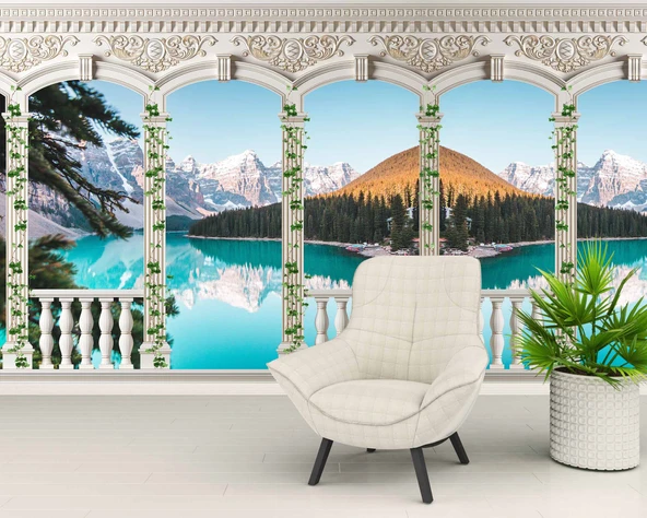 Sarmaşık Sütun, Göl ve Dağ Manzara Duvar Kağıdı Baskı - 6