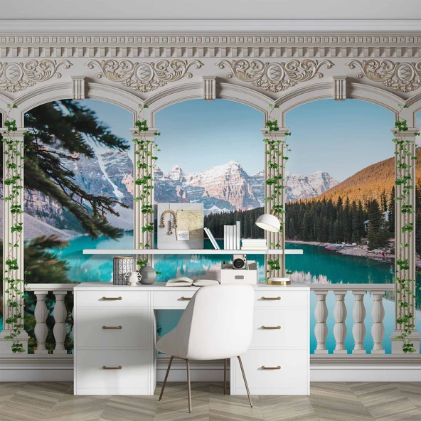 Sarmaşık Sütun, Göl ve Dağ Manzara Duvar Kağıdı Baskı - 4