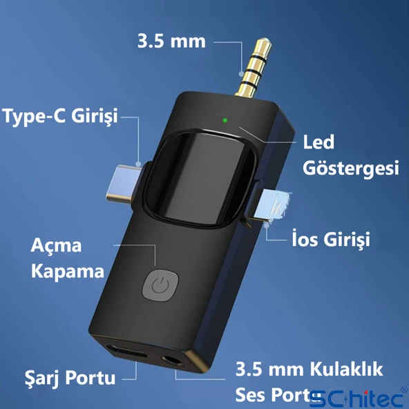 ScHitec 3in1 Type-C Lightning 3.5mm Çıkışlı İkili Kablosuz HD Wireless Yaka Mikrofonu K3519 - Resim 4