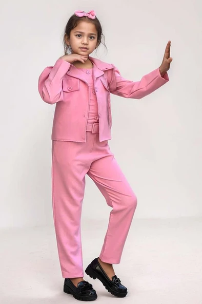 Kız Çocuk Kolsuz Penye Gömlek Cep Detaylı Blazer Ceket Kemerli Pantolon Pembe Alt Üst Takım - Resim 2